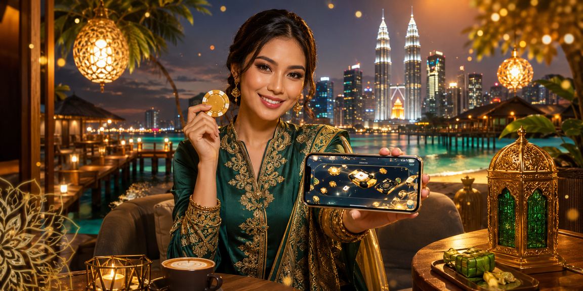 Pemuda menggunakan aplikasi kasino mudah alih 42500 dengan tema hari raya di Sabah